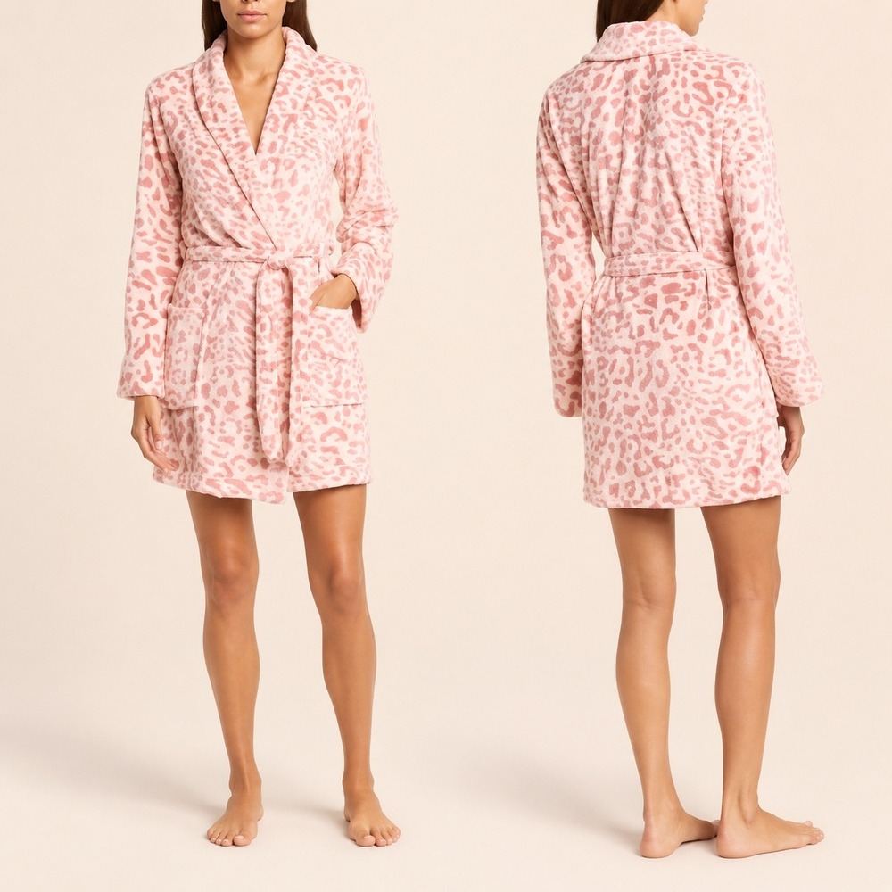 PJ Salvage Pink Leopard Plush Robe Small Y2K Coquette Lounge Bathrobe
